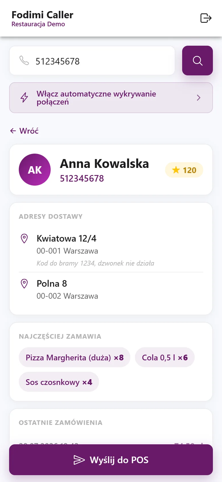 Aplikacja Fodimi Caller na telefonie – karta klienta z adresami dostawy, ulubionymi produktami i ostatnimi zamówieniami