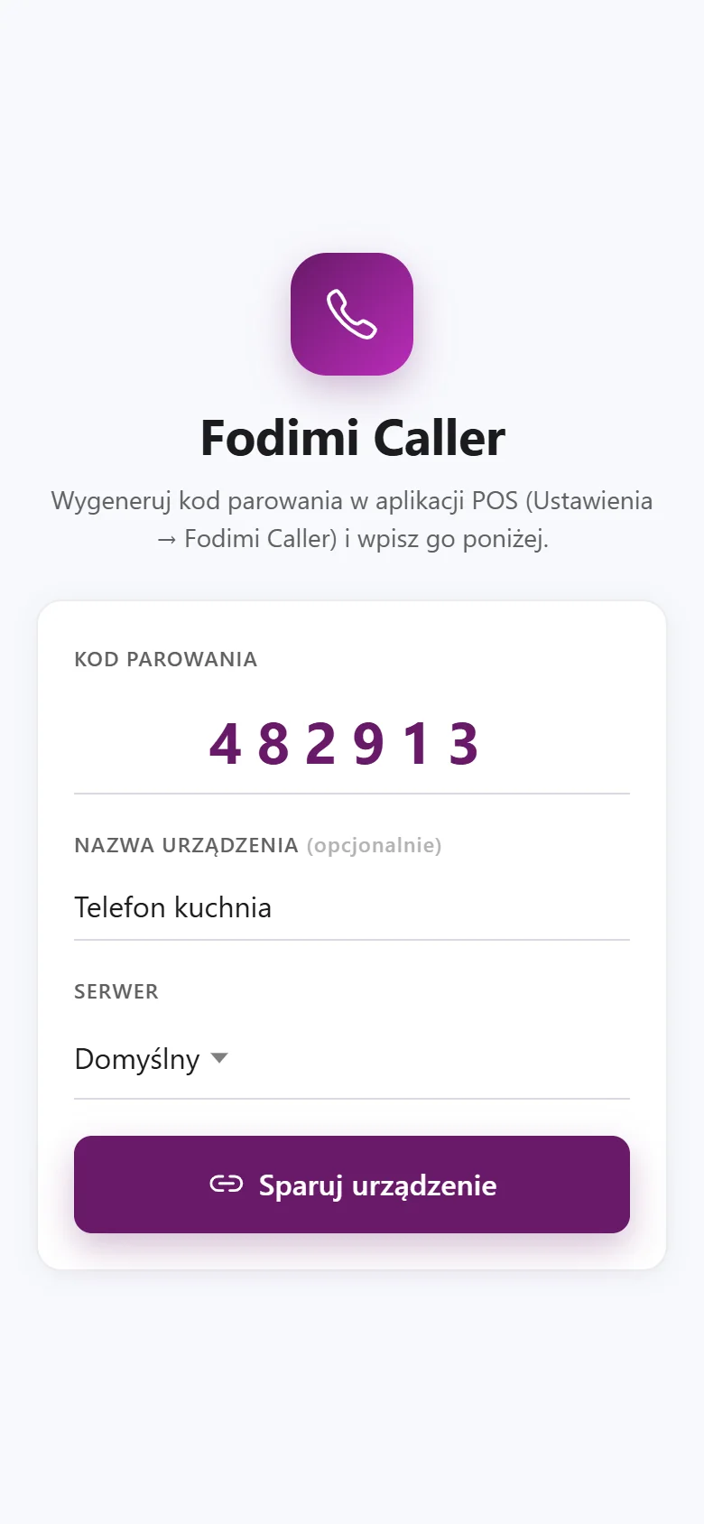 Parowanie telefonu z Fodimi POS w aplikacji Fodimi Caller – 6-cyfrowy kod i nazwa urządzenia