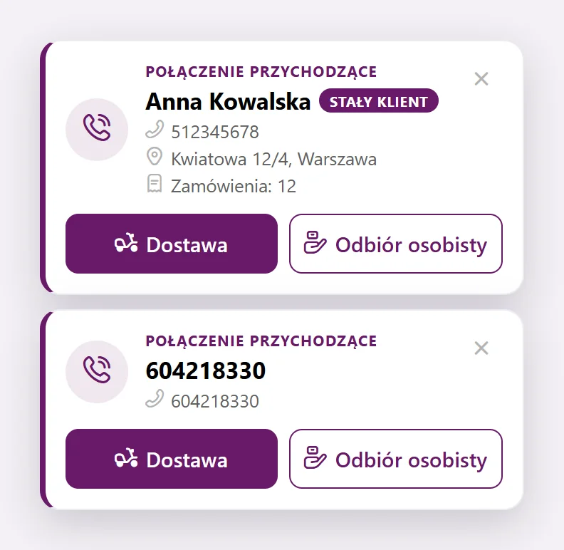 Powiadomienie o połączeniu w Fodimi POS – dane dzwoniącego klienta i przyciski Dostawa oraz Odbiór osobisty