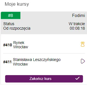 Aplikacja Fodimi Driver: ekran Moje kursy z dostawami przypisanymi do kursu