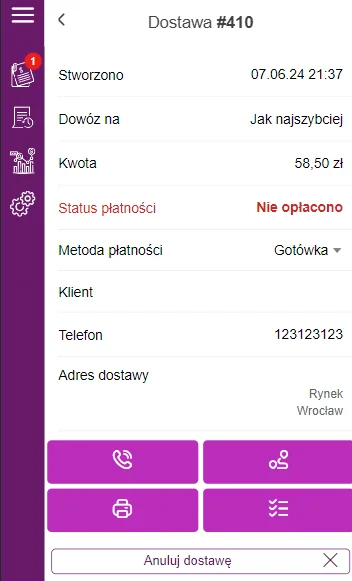 Aplikacja Fodimi Driver: szczegóły dostawy z kwotą, statusem płatności i przyciskami telefonu, trasy i wydruku