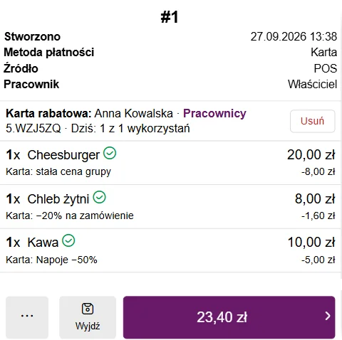 Rachunek w Fodimi POS z naliczonym rabatem z karty rabatowej