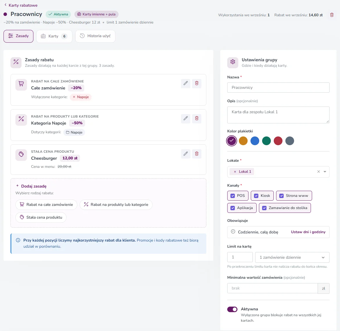 Grupa kart rabatowych Pracownicy w panelu Fodimi – zasady rabatu, kanały, lokale i limit na kartę