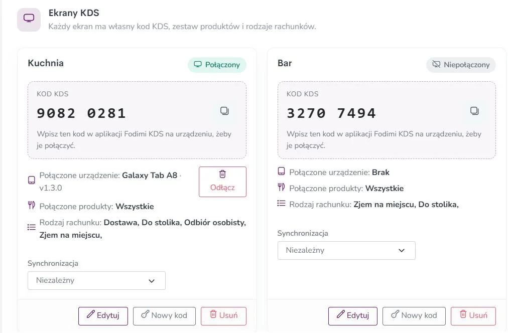 Ekrany KDS Kuchnia i Bar w panelu Fodimi – każdy z własnym kodem, produktami i rodzajami rachunków