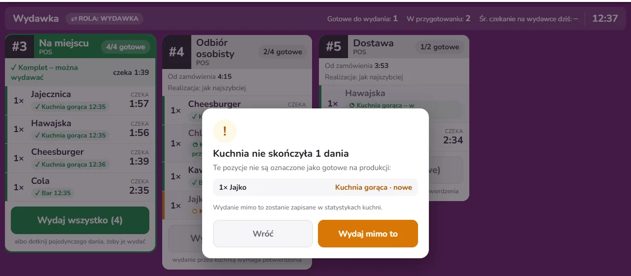 Fodimi KDS pyta o potwierdzenie, gdy wydawka wydaje danie, którego kuchnia nie skończyła