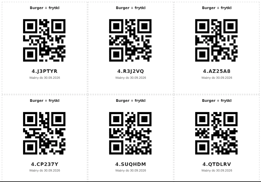 Arkusz kuponów z kodami QR do druku – kupon Burger + frytki z kodem i datą ważności