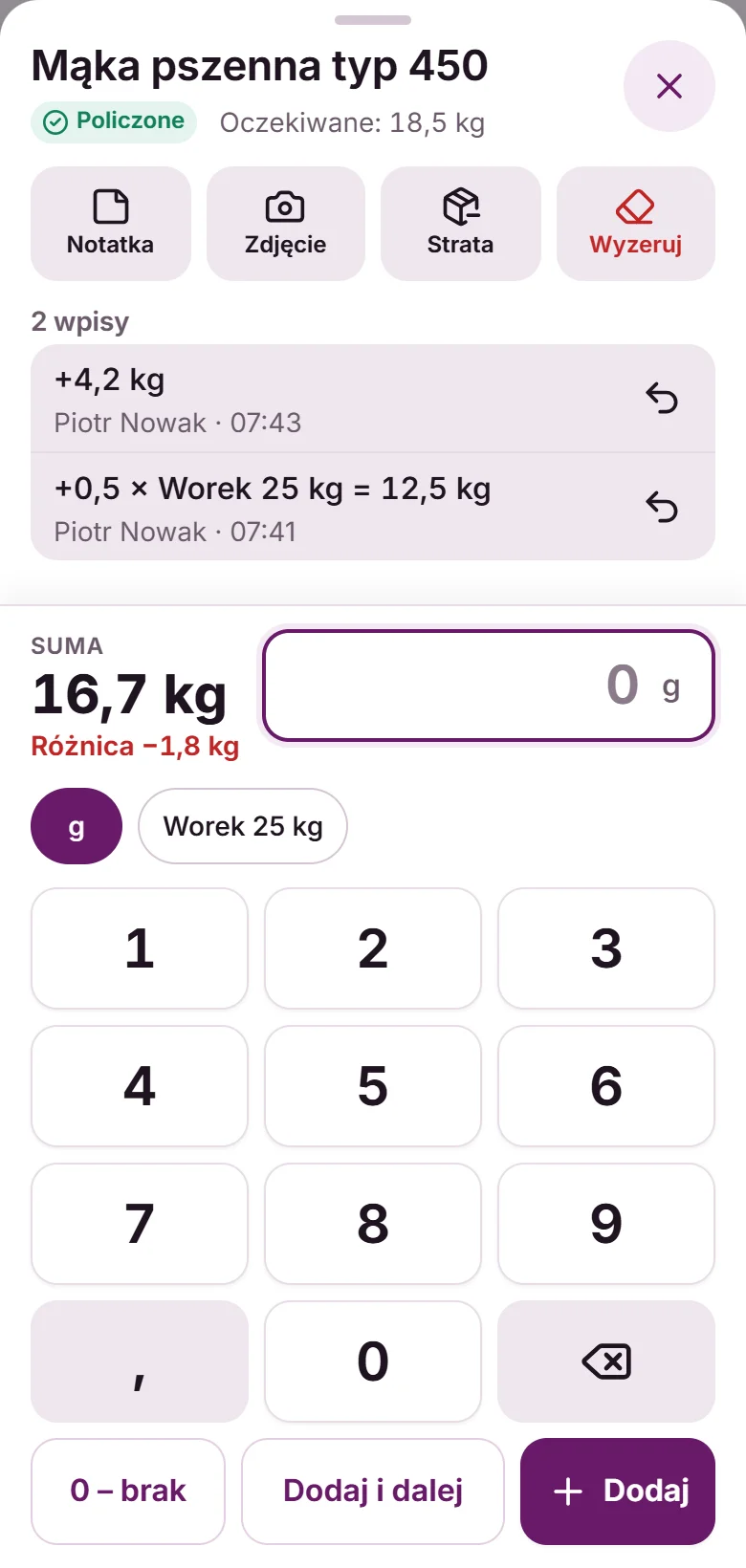 Liczenie mąki w aplikacji Fodimi Magazyn – wpisy w workach i kilogramach z sumą