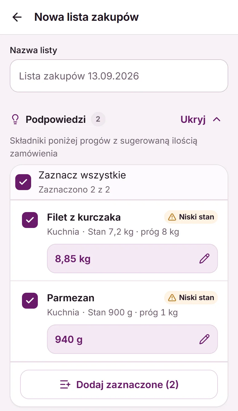 Lista zakupów w aplikacji Fodimi Magazyn z podpowiedziami składników poniżej progu