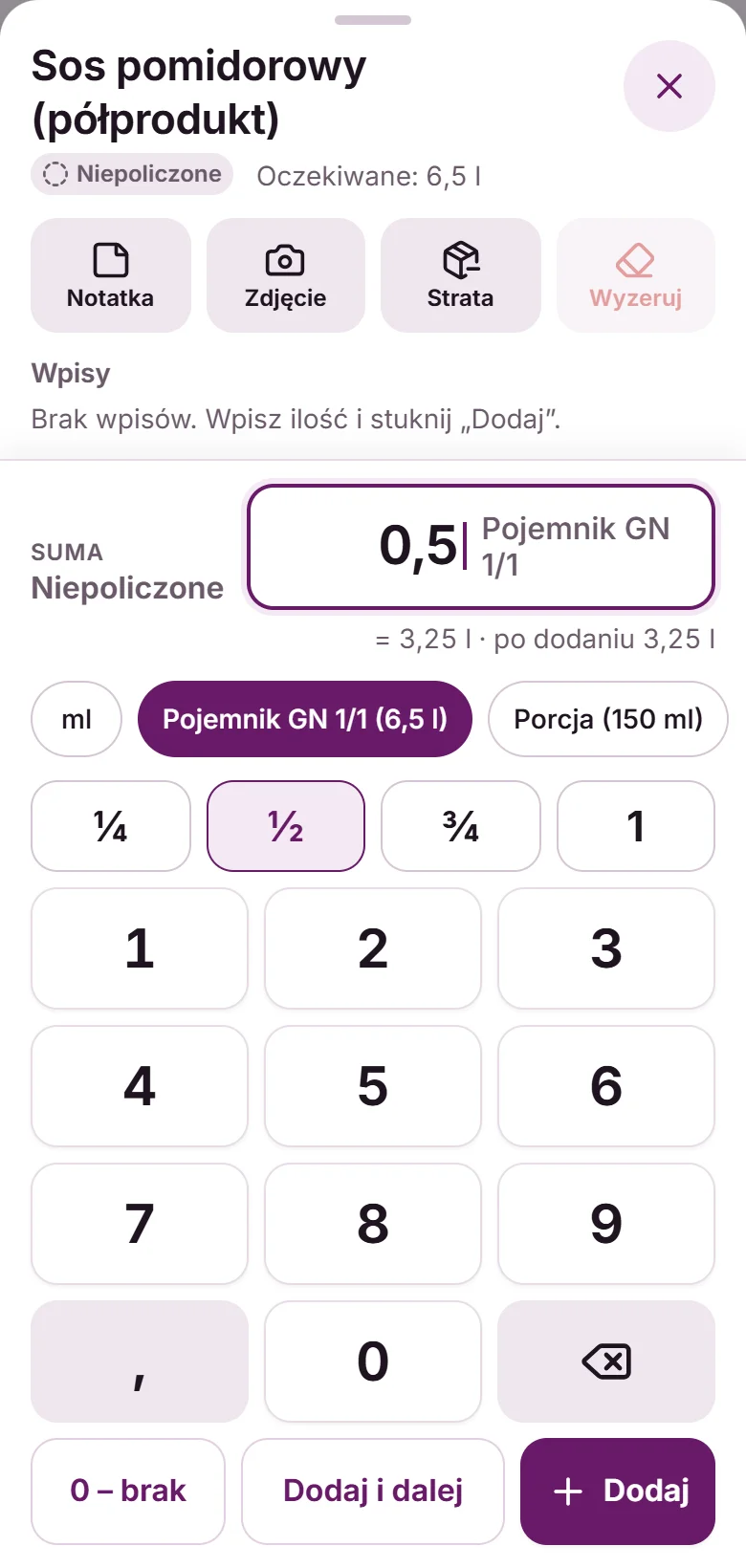 Liczenie sosu w pojemnikach GN ułamkami w aplikacji Fodimi Magazyn