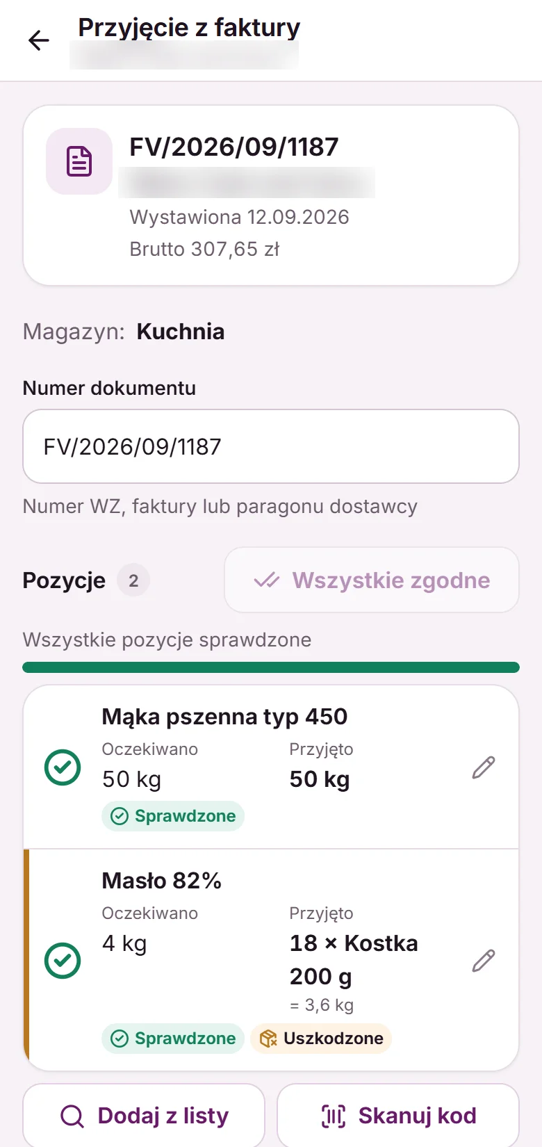 Przyjęcie dostawy z faktury w aplikacji Fodimi Magazyn – sprawdzone pozycje i uszkodzony towar