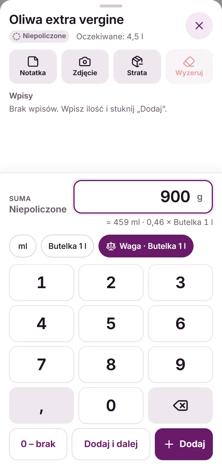 Ważenie otwartej butelki oliwy w aplikacji Fodimi Magazyn