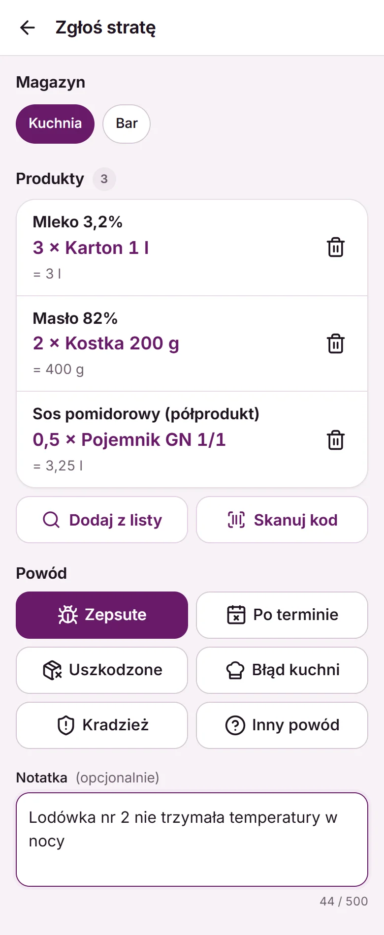 Zgłoszenie straty w aplikacji Fodimi Magazyn – produkty, powód i notatka