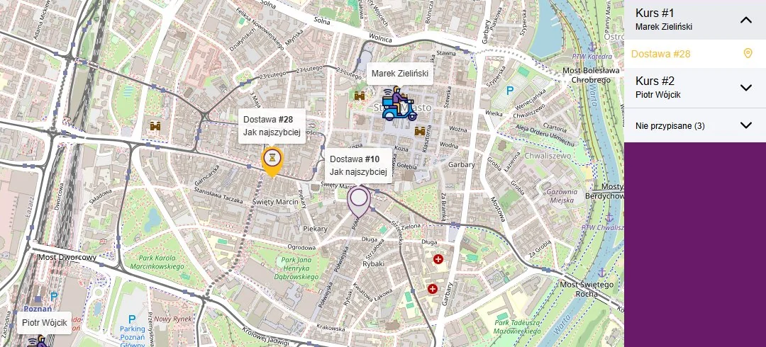 Mapa kurierów w Fodimi POS: pozycje dwóch kierowców, adresy dostaw i lista kursów