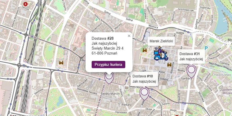 Mapa kurierów w Fodimi POS: dymek dostawy z przyciskiem Przypisz kuriera