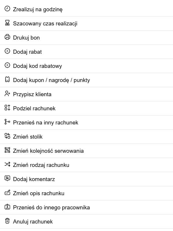 Menu operacji na rachunku w Fodimi POS: rabat, kupon, zmiana stolika, kolejność serwowania, anulowanie