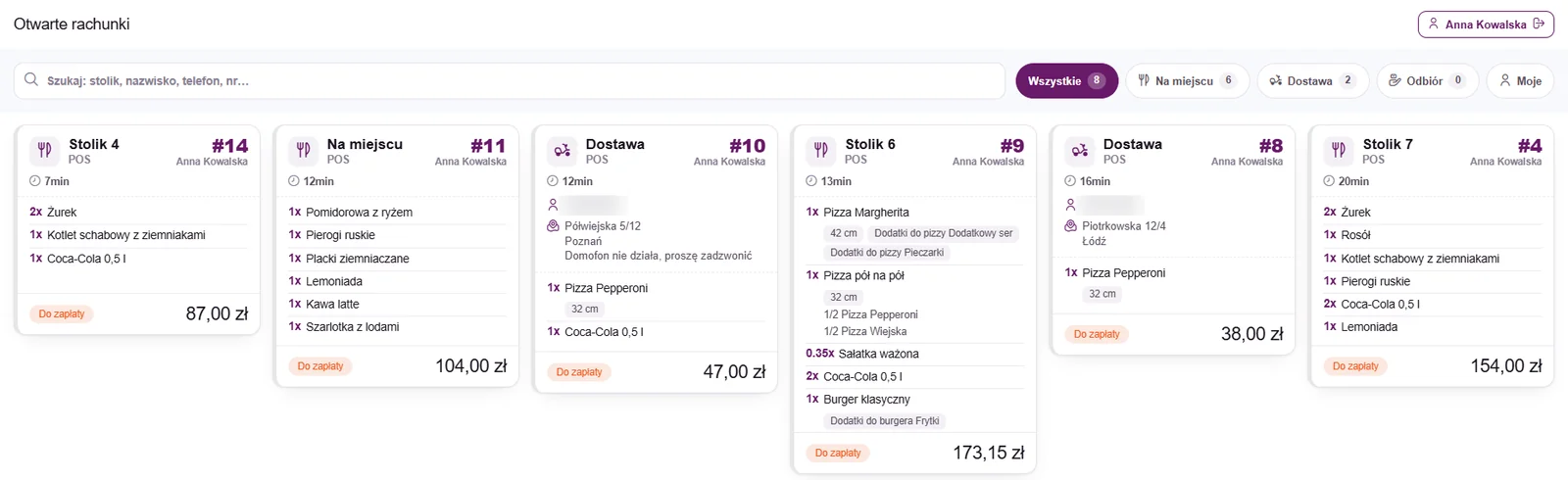 Fodimi POS – lista otwartych rachunków ze stolików, na miejscu i dostaw z kwotą i czasem