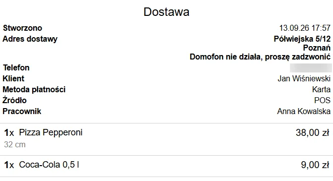Rachunek dostawy w Fodimi POS z adresem, komentarzem klienta i metodą płatności