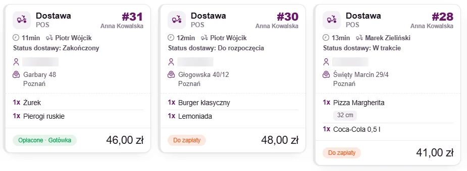 Karty rachunków dostaw w Fodimi POS z przypisanym kierowcą i statusem dostawy