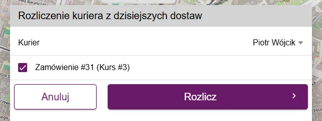 Okno rozliczenia kuriera z dzisiejszych dostaw w Fodimi POS
