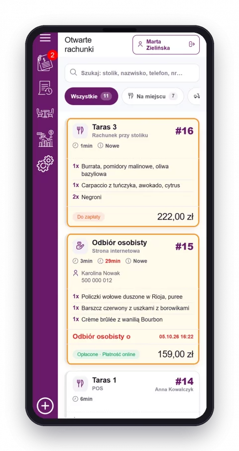 Fodimi POS na małym ekranie – lista otwartych rachunków