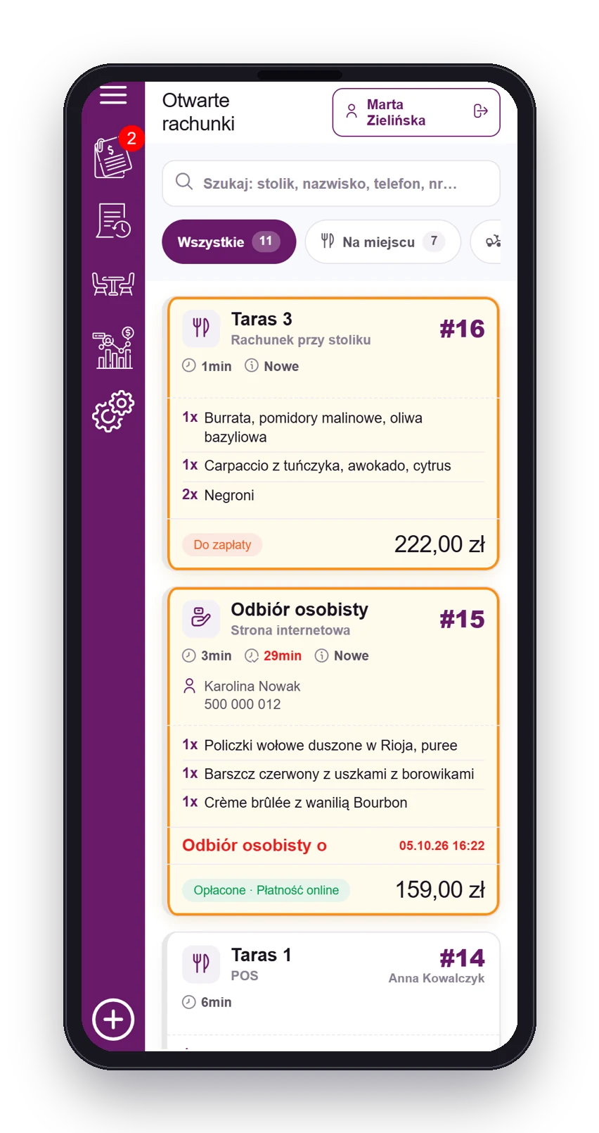 Fodimi POS na telefonie – otwarte rachunki (makieta urządzenia)