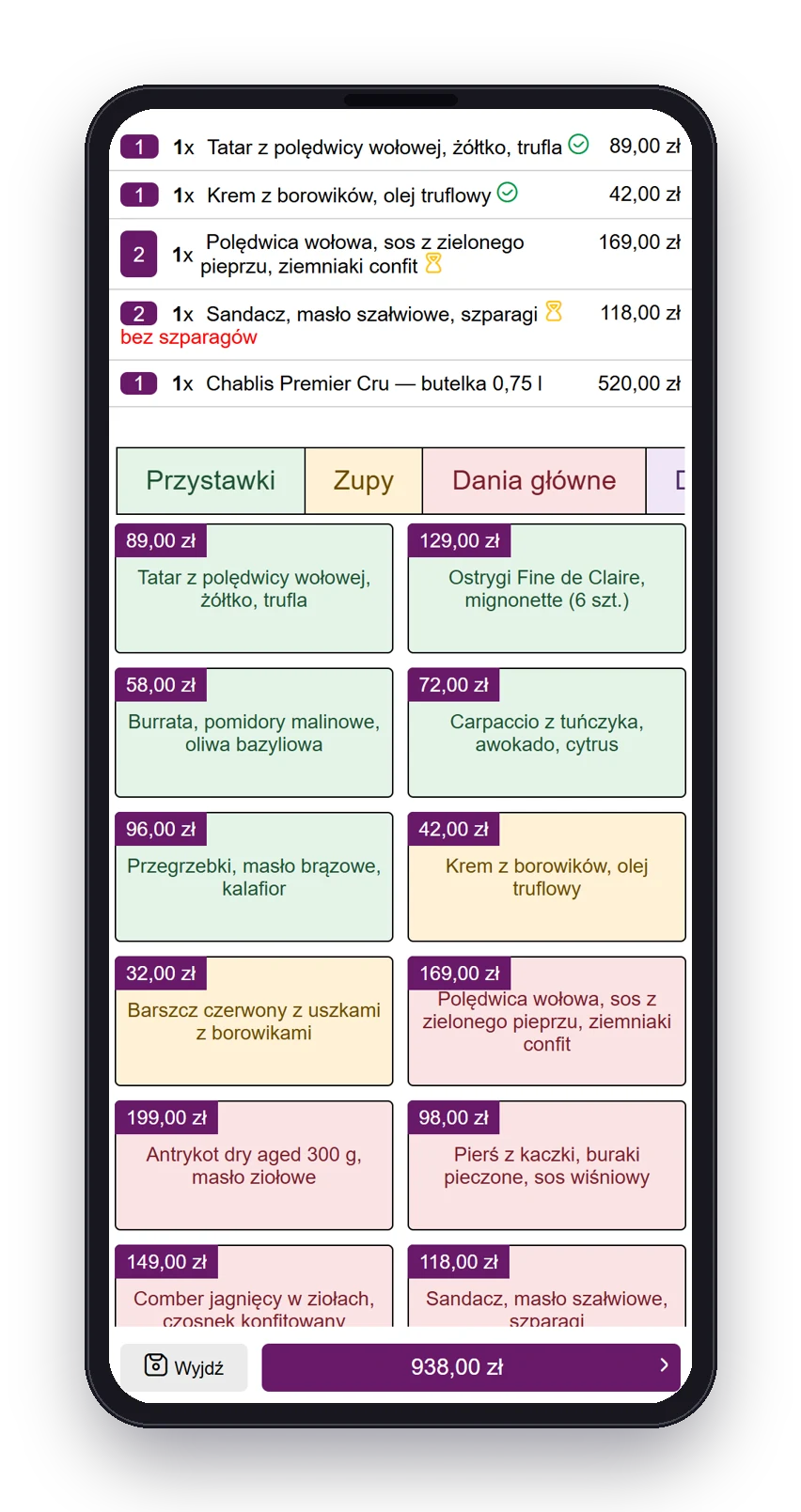 Fodimi POS na urządzeniu kelnerskim – rachunek i menu (makieta)