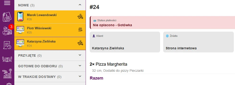 Nowe zamówienia ze strony internetowej i aplikacji mobilnej czekające na przyjęcie w Fodimi POS