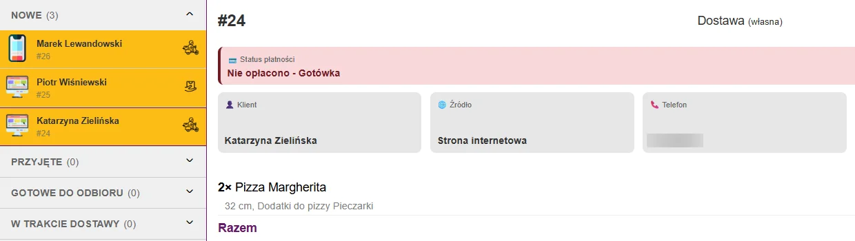 Moduł Zamówienia zewnętrzne w Fodimi POS: nowe zamówienia ze strony internetowej i aplikacji czekające na przyjęcie