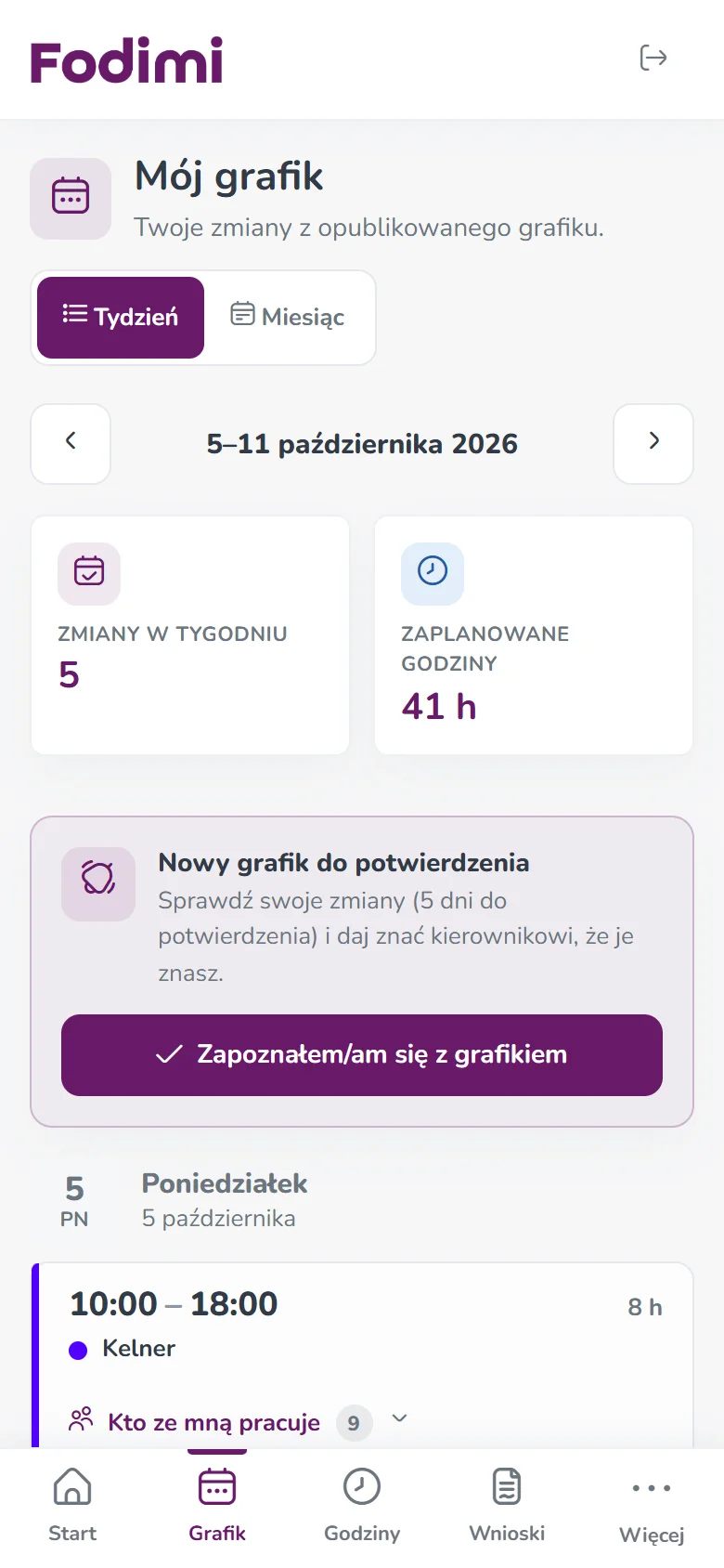 Grafik pracownika na telefonie w Fodimi z przyciskiem potwierdzenia zapoznania się z grafikiem