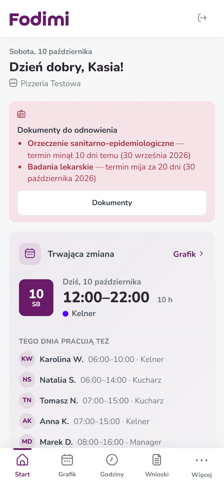Panel pracownika Fodimi na telefonie – trwająca zmiana, współpracownicy i dokumenty do odnowienia