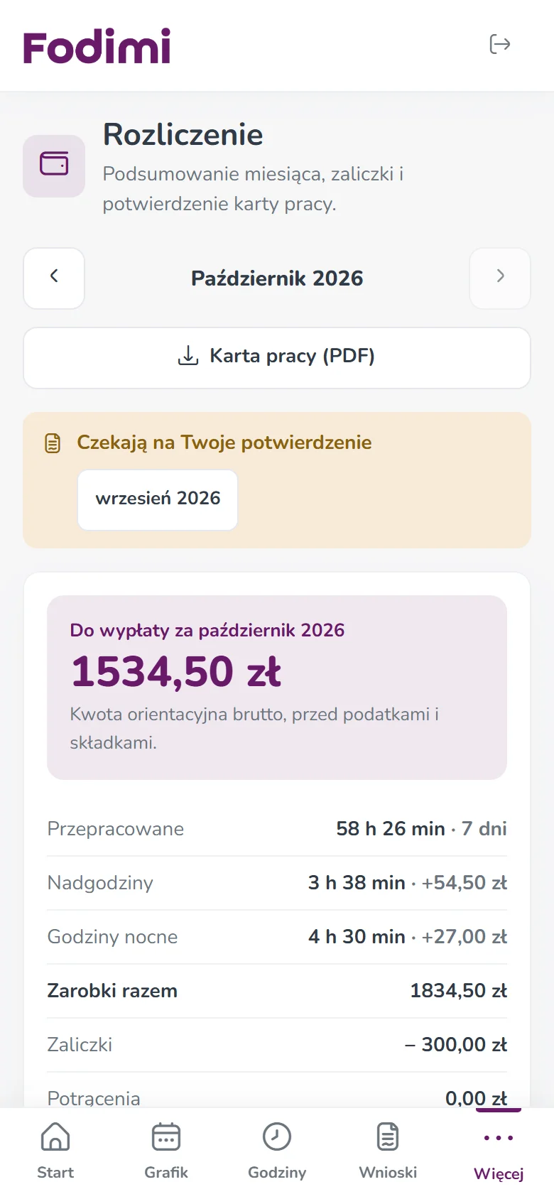 Rozliczenie miesiąca w panelu pracownika Fodimi – kwota do wypłaty, nadgodziny, godziny nocne i zaliczki