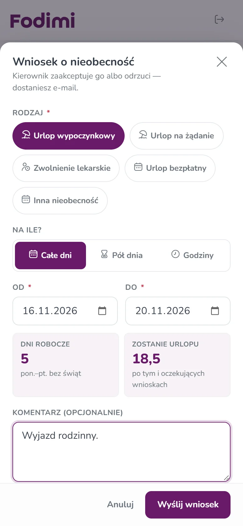 Wniosek urlopowy w panelu pracownika Fodimi – termin, dni robocze i pozostały urlop