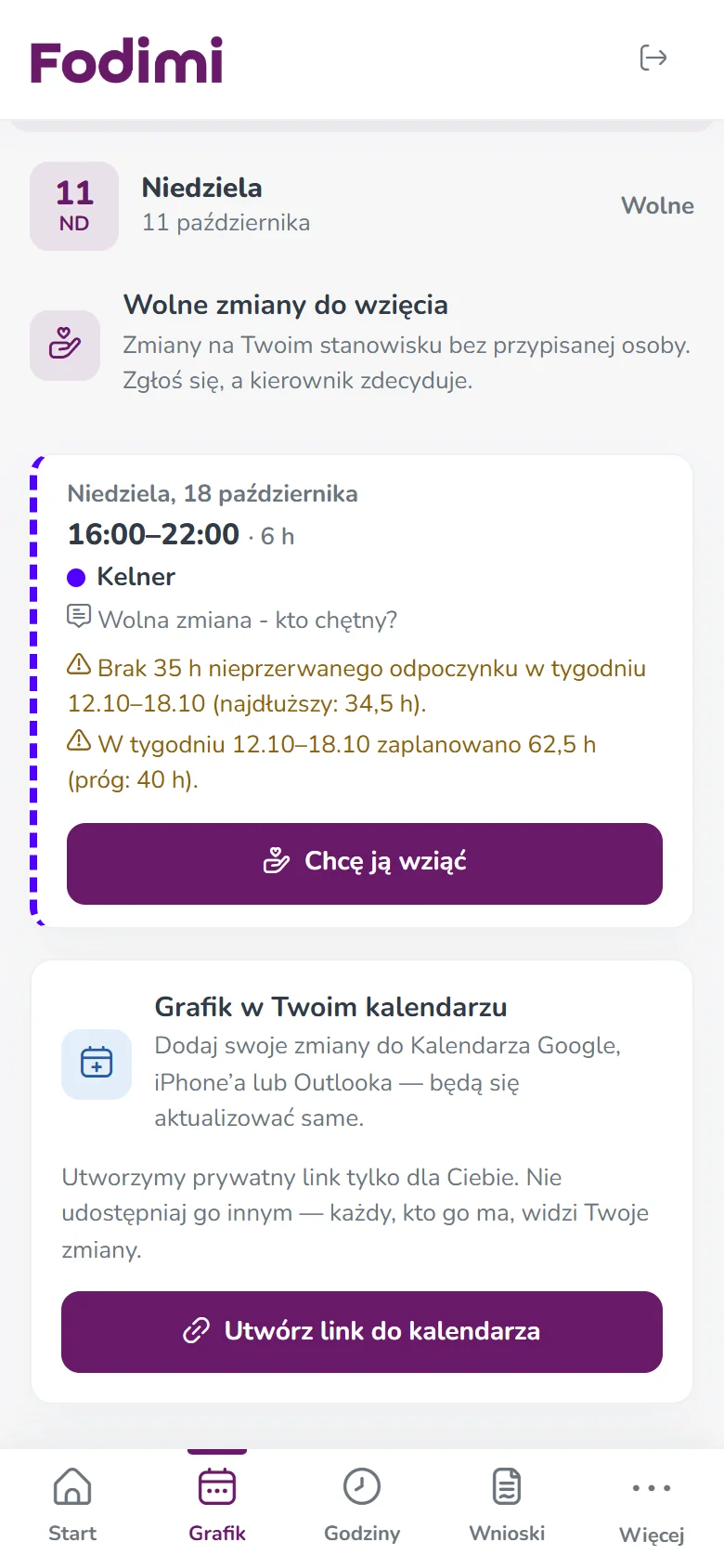Wolna zmiana do wzięcia w panelu pracownika Fodimi z przyciskiem Chcę ją wziąć