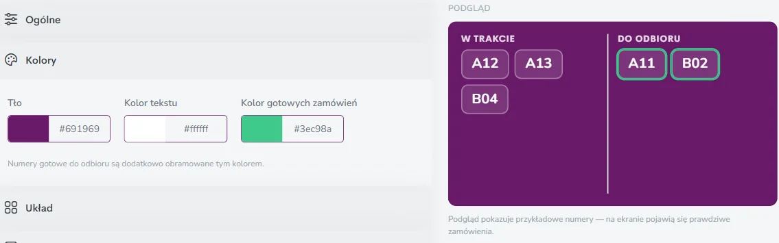 Panel Fodimi: kolory tła, tekstu i gotowych zamówień na ekranie kolejkowym z podglądem