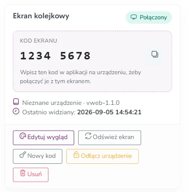 Panel Fodimi: ekran kolejkowy ze statusem połączenia, kodem ekranu i przyciskami Odśwież ekran oraz Odłącz urządzenie